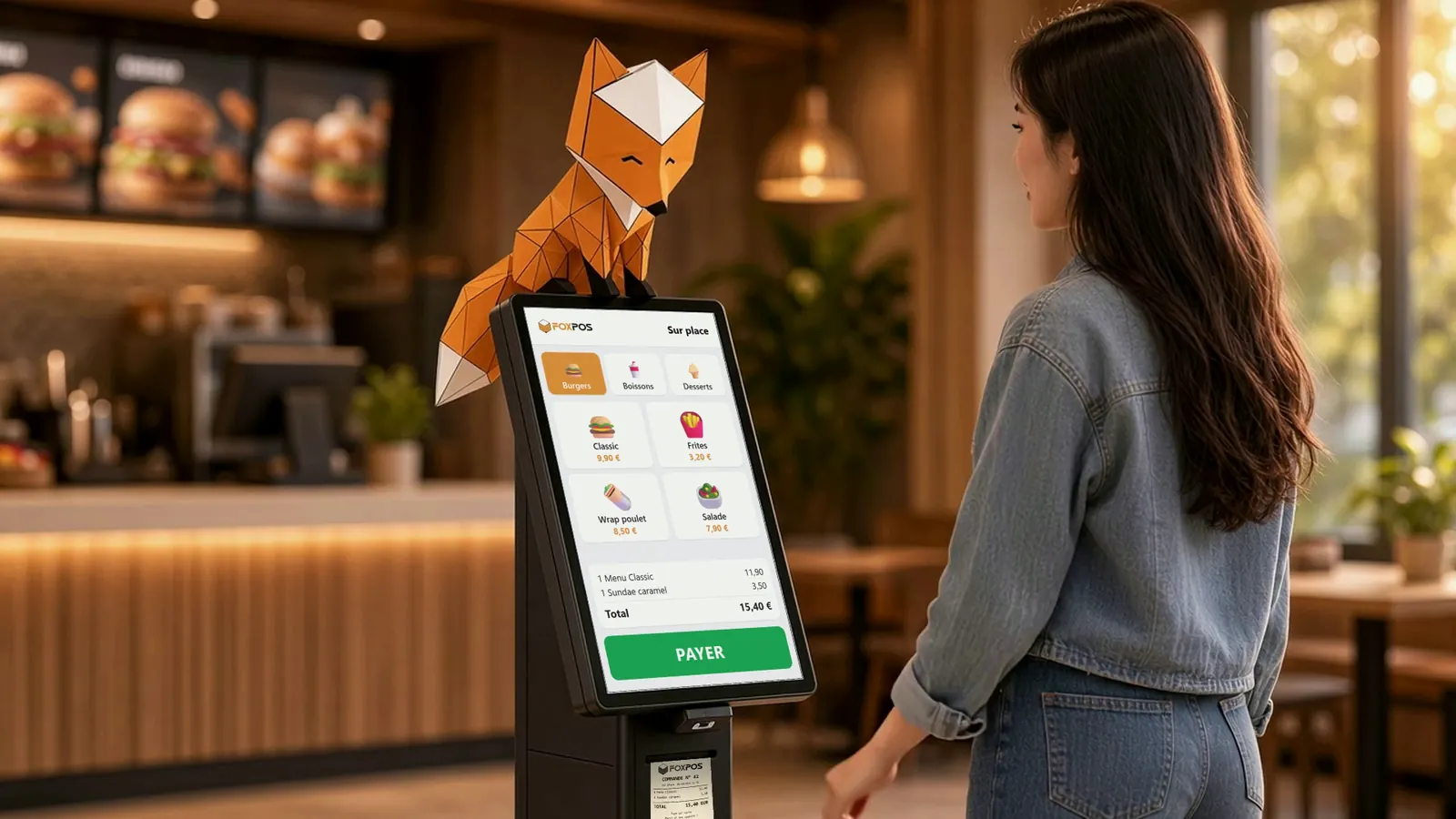 Cliente devant une borne de commande FoxPOS