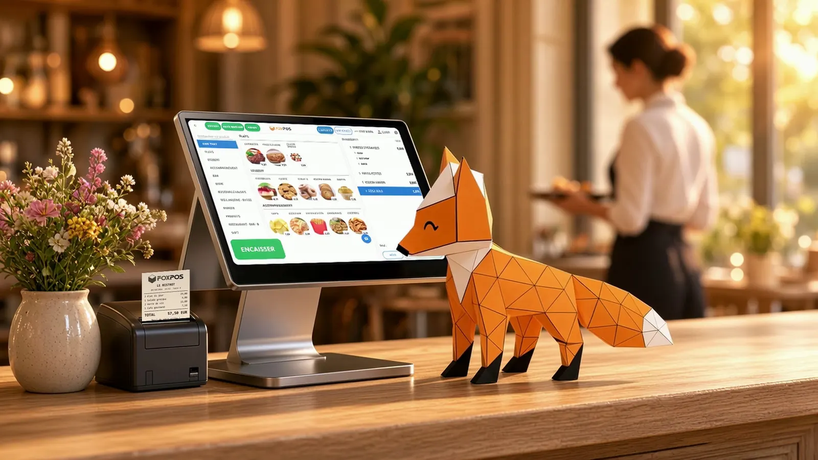 Caisse tactile FoxPOS sur un comptoir de restaurant, avec l'imprimante ticket