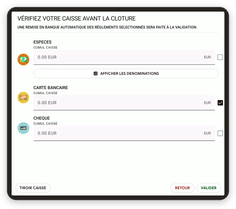 Écran du logiciel FoxPOS : La clôture du soir