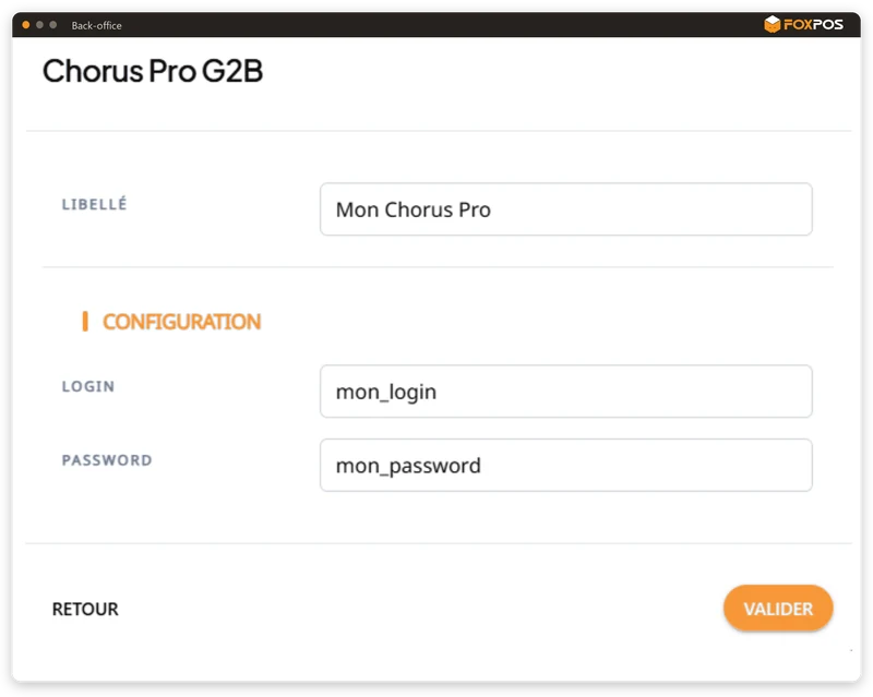 Écran du logiciel FoxPOS : Le raccordement à Chorus Pro