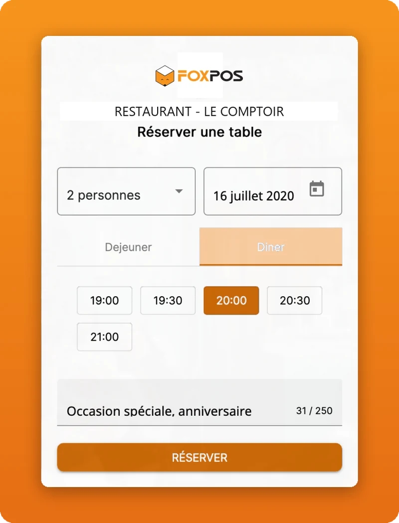 Écran du logiciel FoxPOS : La réservation en ligne