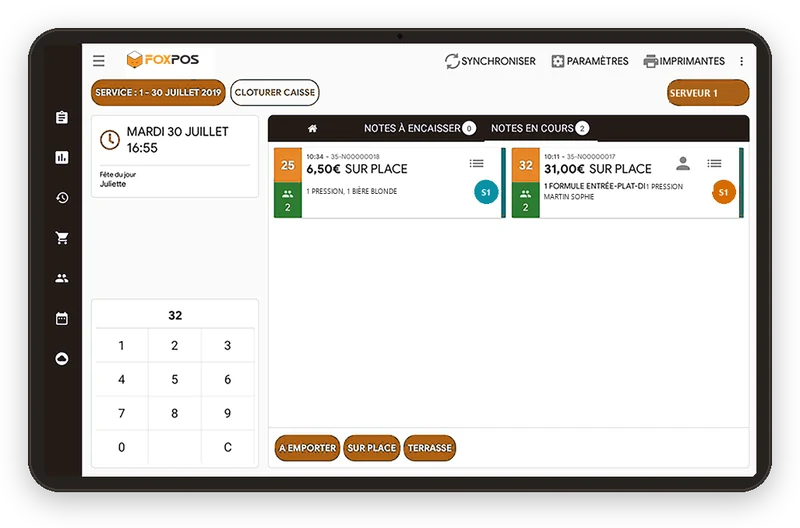 Écran du logiciel FoxPOS : Les tables en cours, d’un coup d’œil