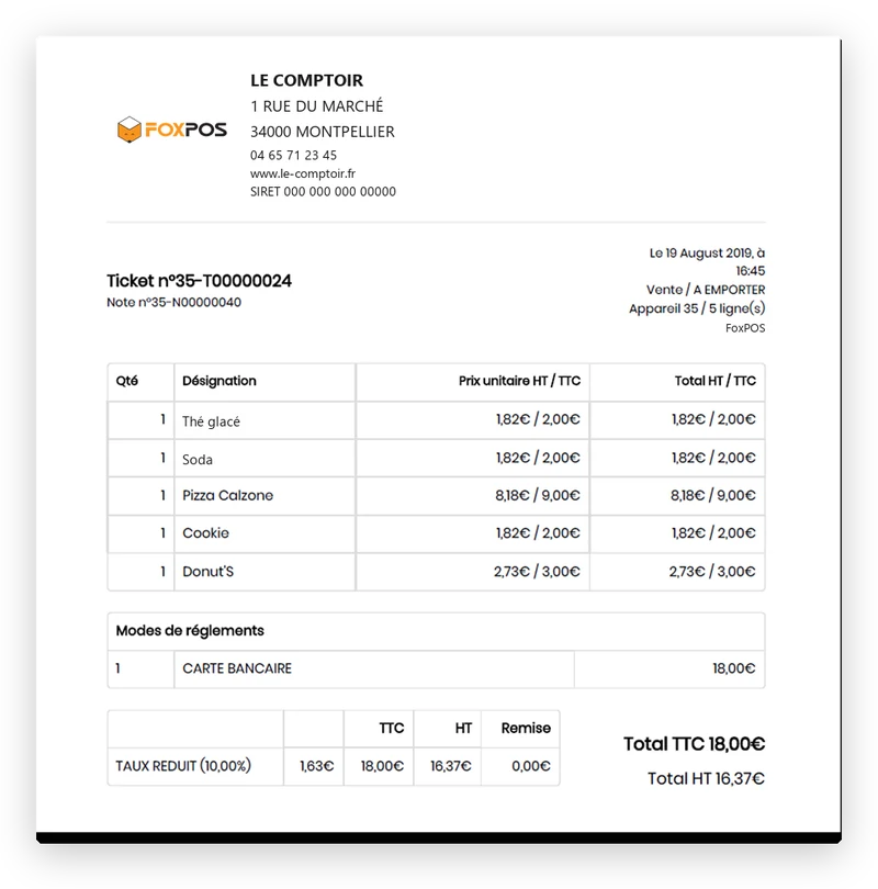 Écran du logiciel FoxPOS : La facture envoyée par e-mail