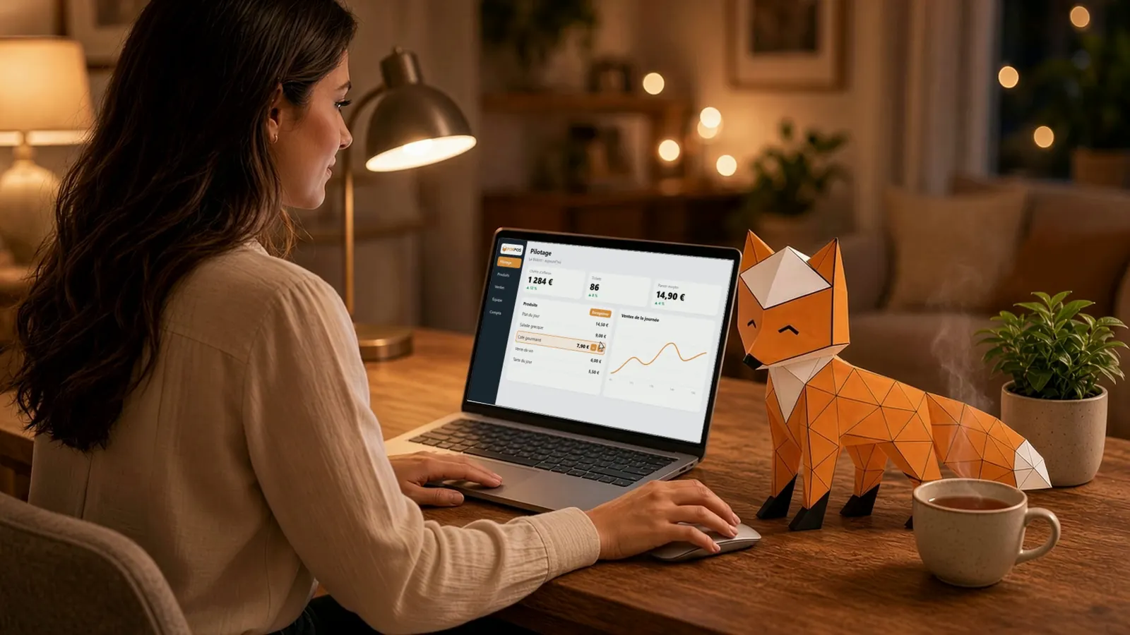 Gérante qui consulte ses ventes FoxPOS depuis son ordinateur à la maison
