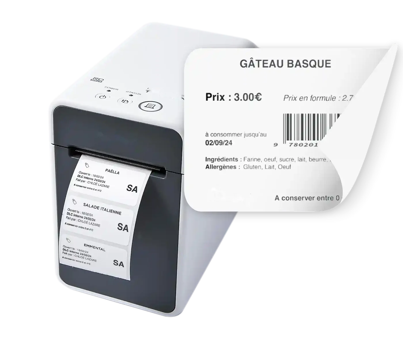 Étiqueteuse qui imprime des étiquettes de produits entamés et une étiquette de vente avec allergènes