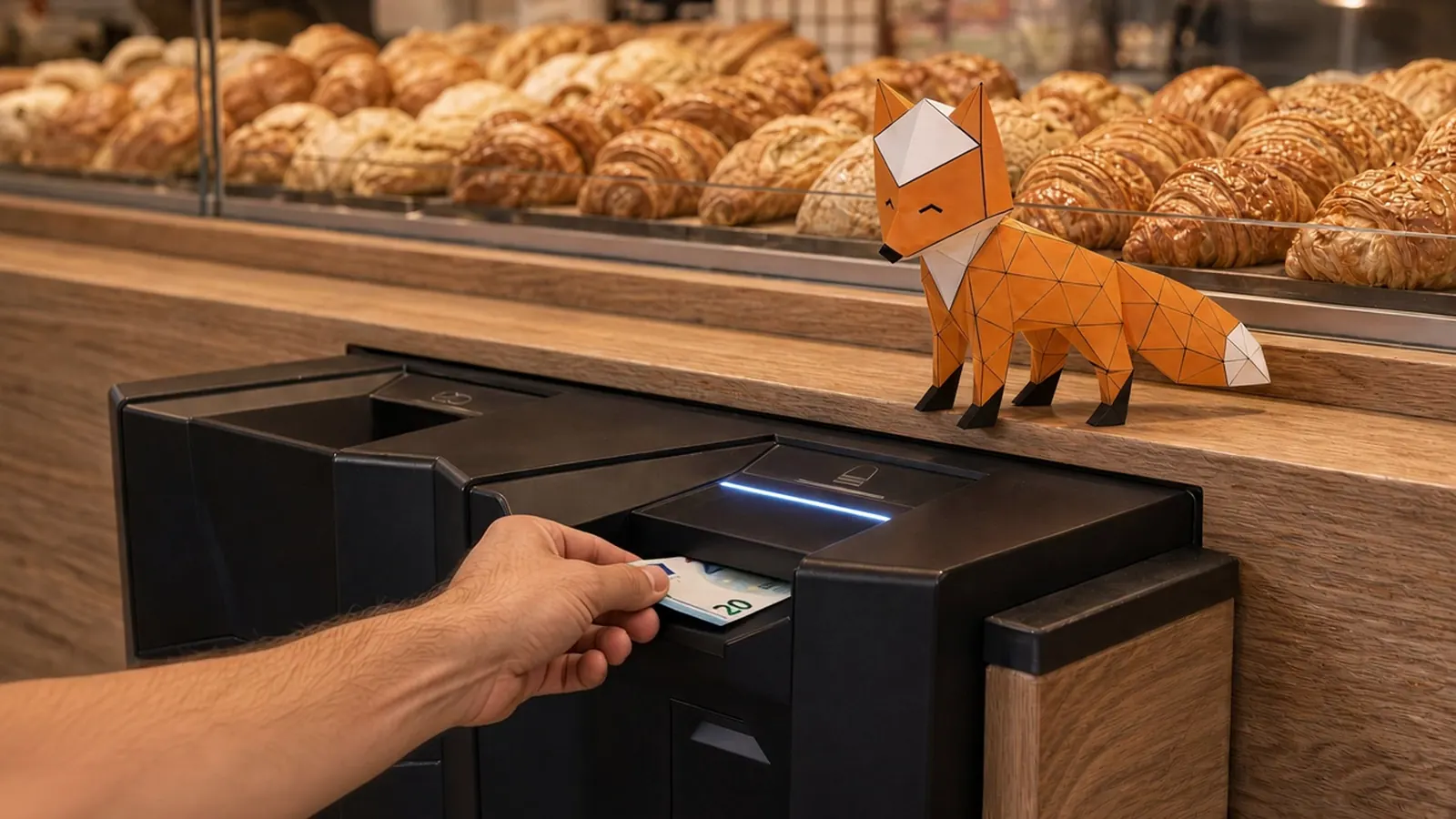 Client glissant un billet dans un monnayeur automatique de boulangerie