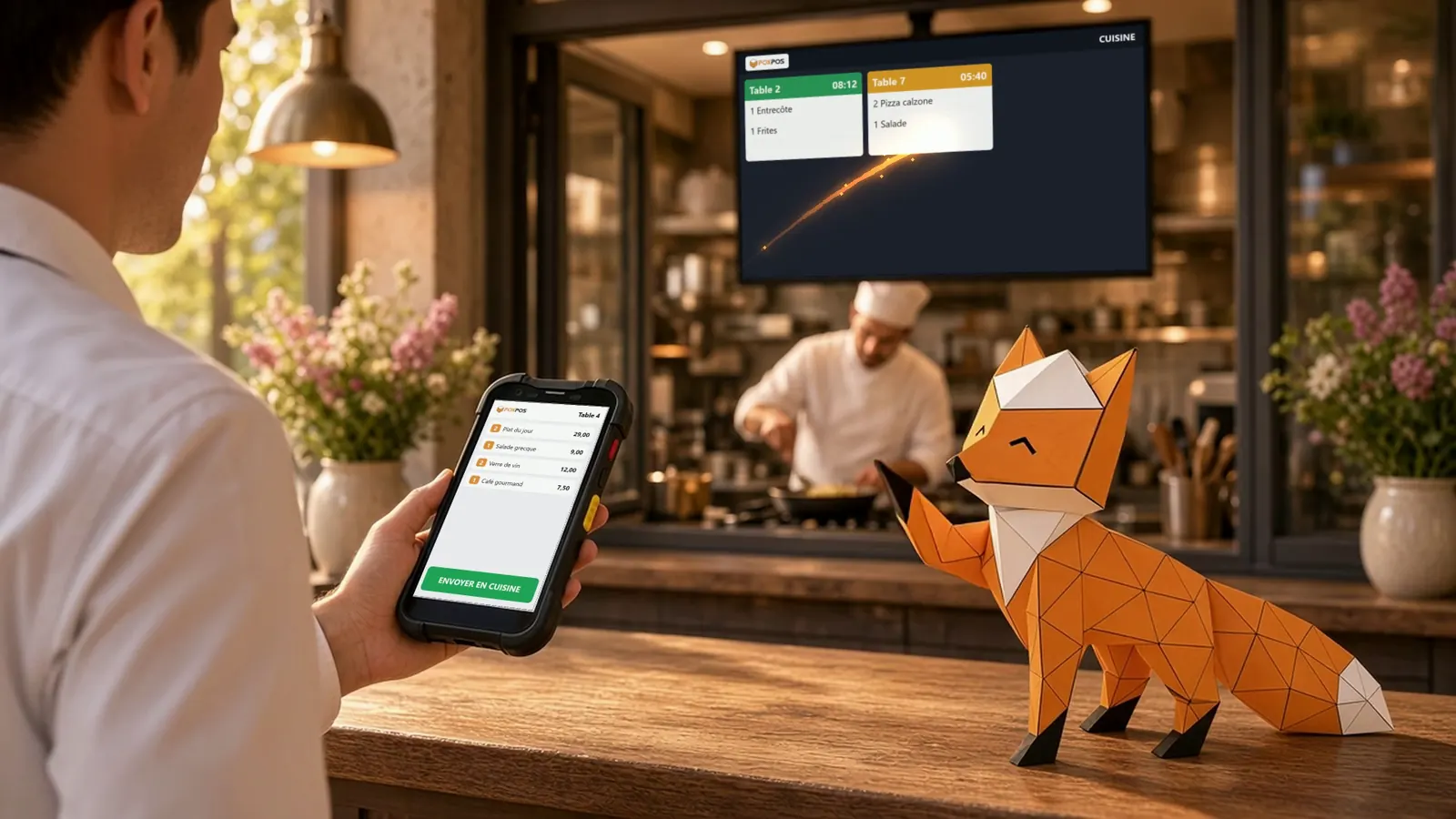 Serveur avec un pad de commande, la commande s'affiche sur l'écran de la cuisine