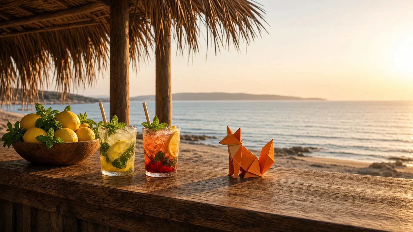 Comptoir d'une paillote face à la mer avec des cocktails