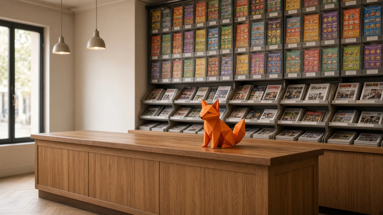 Présentoir de jeux à gratter derrière un comptoir